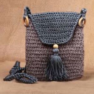 Grey and Blue Knit Sling Bag with Braided Strap from Armenia